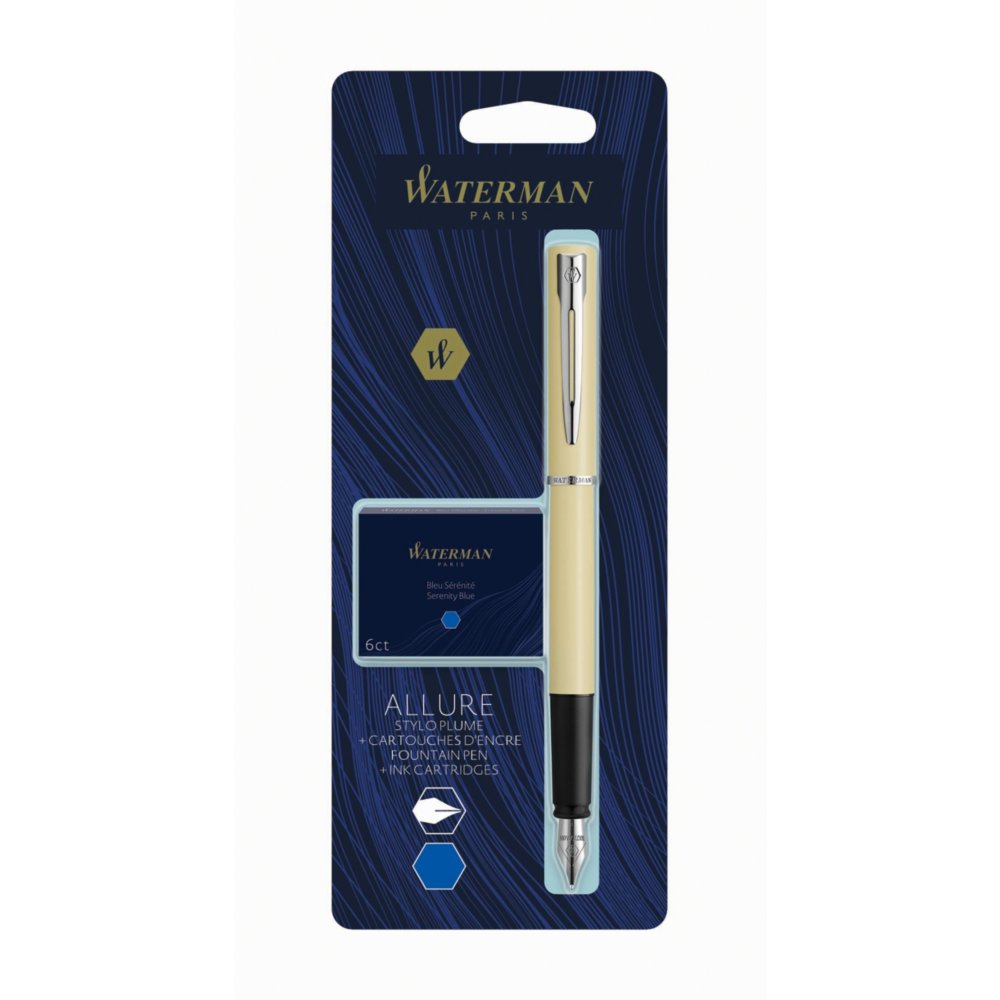 WATERMAN Blister stylo plume GRADUATE chromé avec une cartouche longue bleue