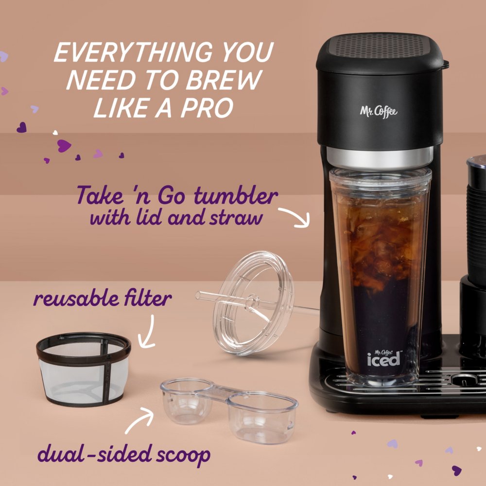 Mr. Coffee 3-in-1 Single-Serve Iced and Hot Coffee/Tea Maker with Blender  with Reusable Filter, Scoop, Recipe Book, 2 Tumblers, Lids and Straws, Black