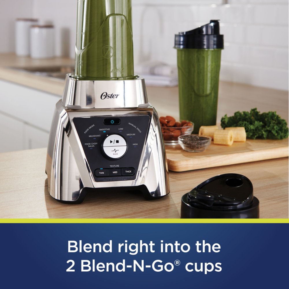 Oster Pro® Blender with Texture Select Settings, 2 Blend-N-Go Cups and  Tritan Jar, Brushed Nickel