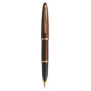 A Carene fountain pen with gold trim stood upright with nib pointing down. image number 0
