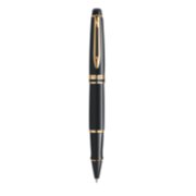 An Expert rollerball pen with gold trim stood upright with pen tip pointing down. image number 0