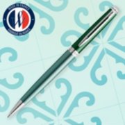 A Hemisphere Anniversary ballpoint pen with chrome trim over an illustrated background. image number 1