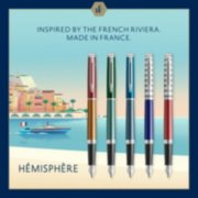 Five upright Hemisphere Anniversary fountain pens over an illustrated background of a beach with text that reads "Inspired by the French Riviera. Made in France." image number 8