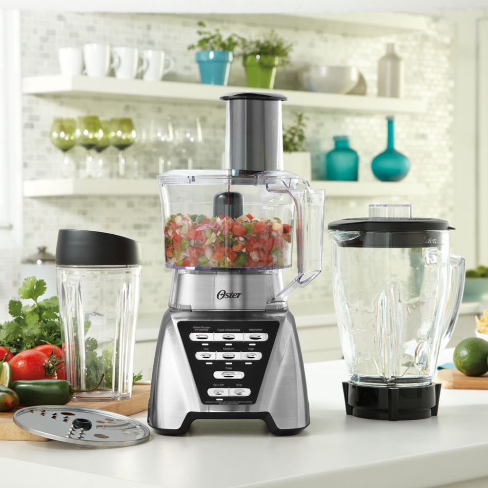 Oster® Pro 1200 Blender with 3 Pre-Programmed Settings, Blend-N-Go™ Cup and  5-Cup Food Processor, Brushed Nickel