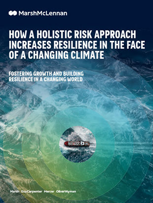 The report cover for "How a holistic risk approach increases resilience" featuring an ocean and its waves with Marsh McLennan branding overlayed on top of the image