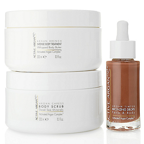 312-559- Active Argan Body Scrub, Whipped Body Butter & Bronzing Drops Radiant Trio