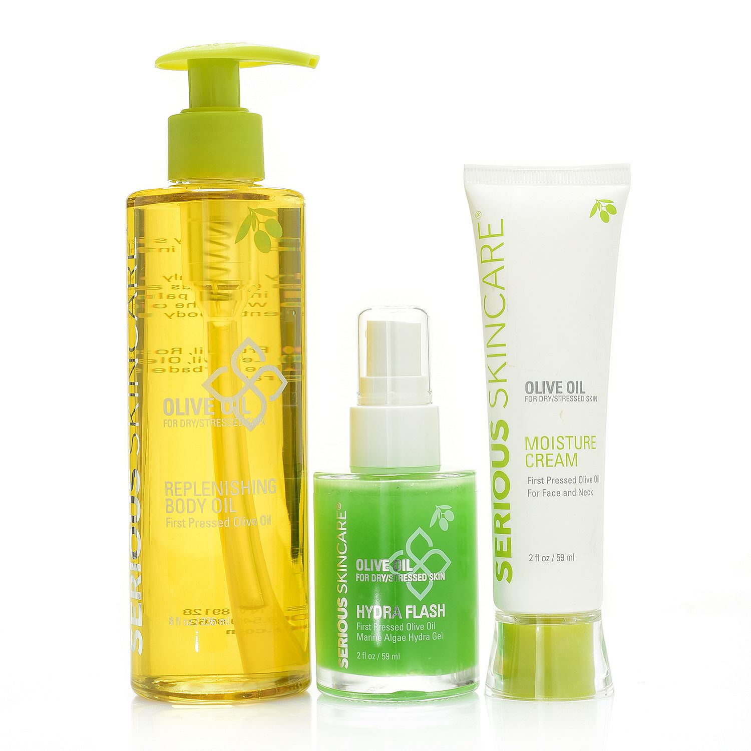 Serious Skincare Olive Oil for Dry Skin Trio of Body Oil, Hydraflash & Cream