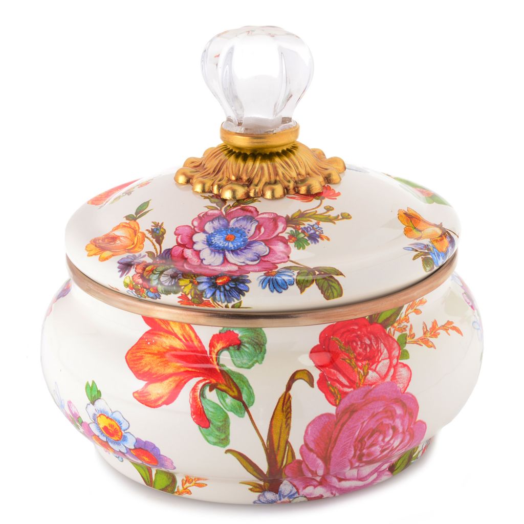 468-947- MacKenzie-Childs 6" Hand-Decorated Enamelware Squashed Pot w/ Cover