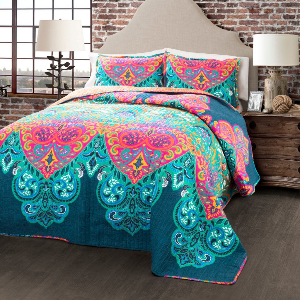 Lush Decor Boho Chic Turquoise Pink 3 Piece Quilt Set Shophq