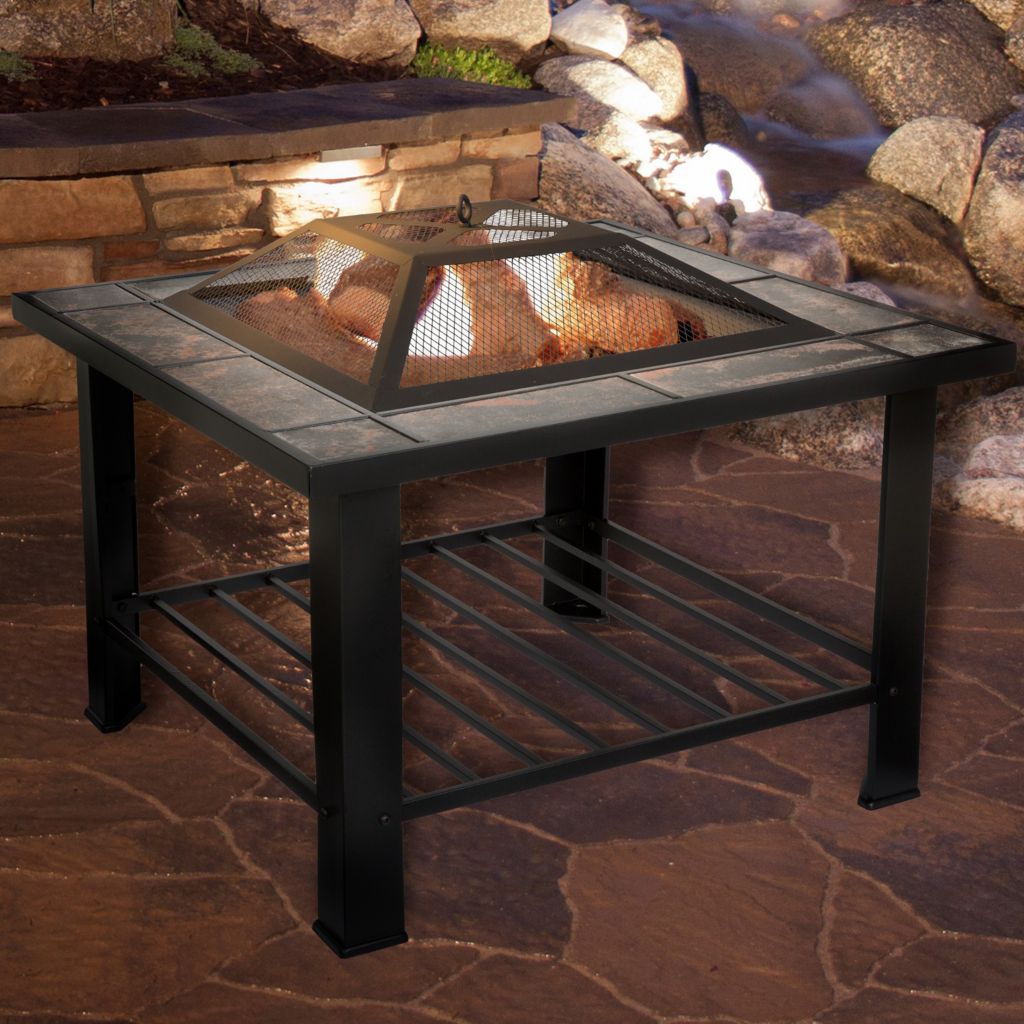 Pure Garden 30 Square Marbled Tile Fire Pit W 2 Covers Log