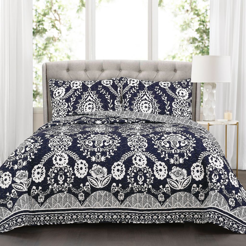 Lush Decor Rosetta Navy Floral Print 3 Piece Quilt Set Bulldog