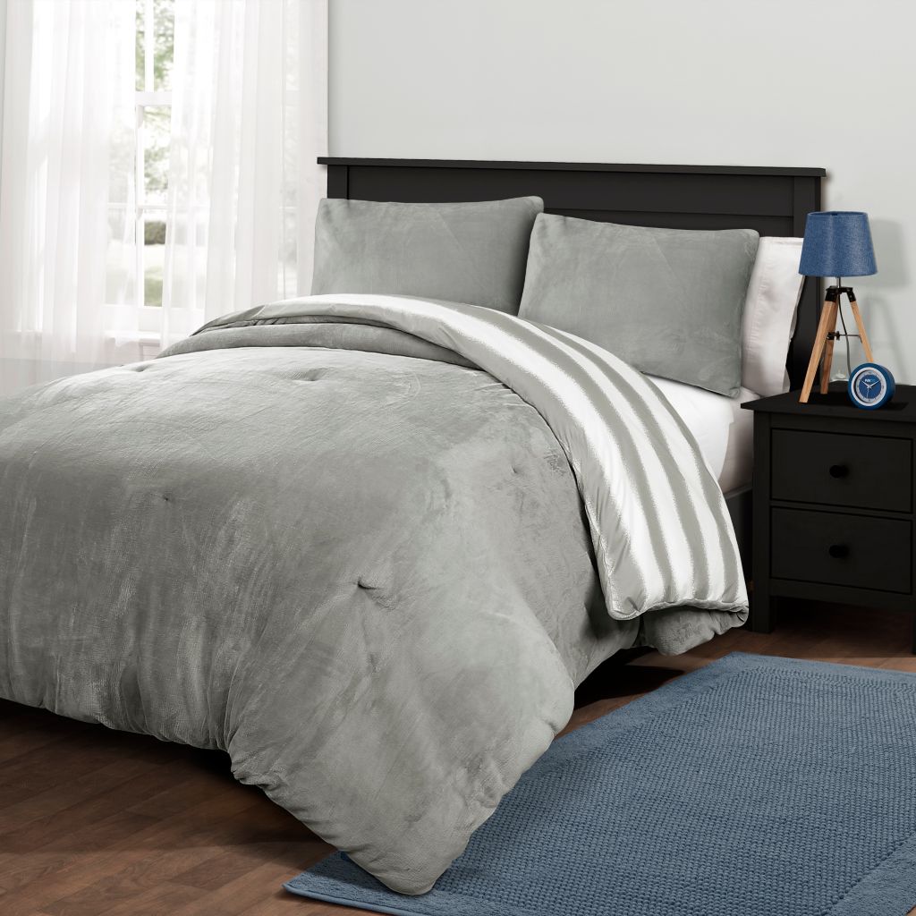 Lush Decor Plush Stripe Grey Reversible 3 Piece Comforter Set