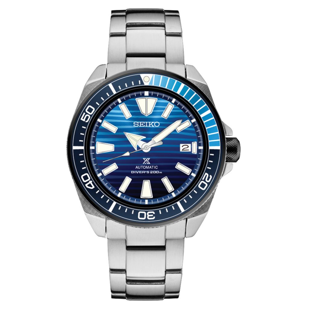 seiko men's prospex automatic diver silvertone watch with blue bezel