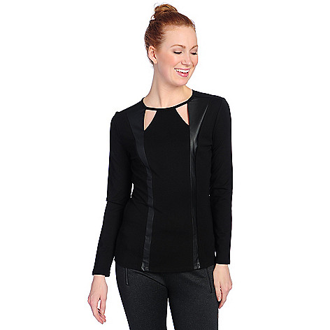 728-708- Marc Bouwer Stretch Knit Long Sleeve Faux Leather Paneled Top