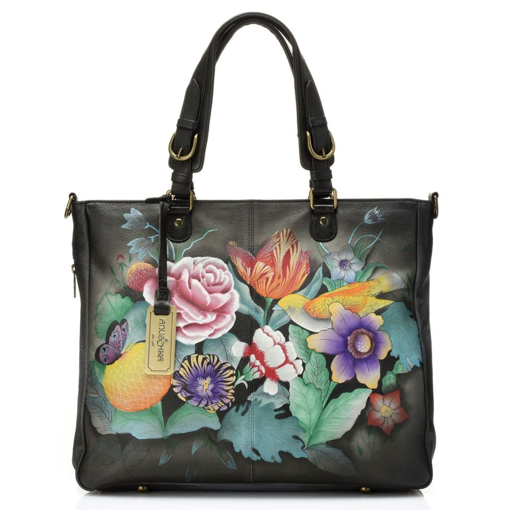 733-657- Anuschka Hand-Painted Leather Zip Top Shopper Handbag w/ Removable Strap