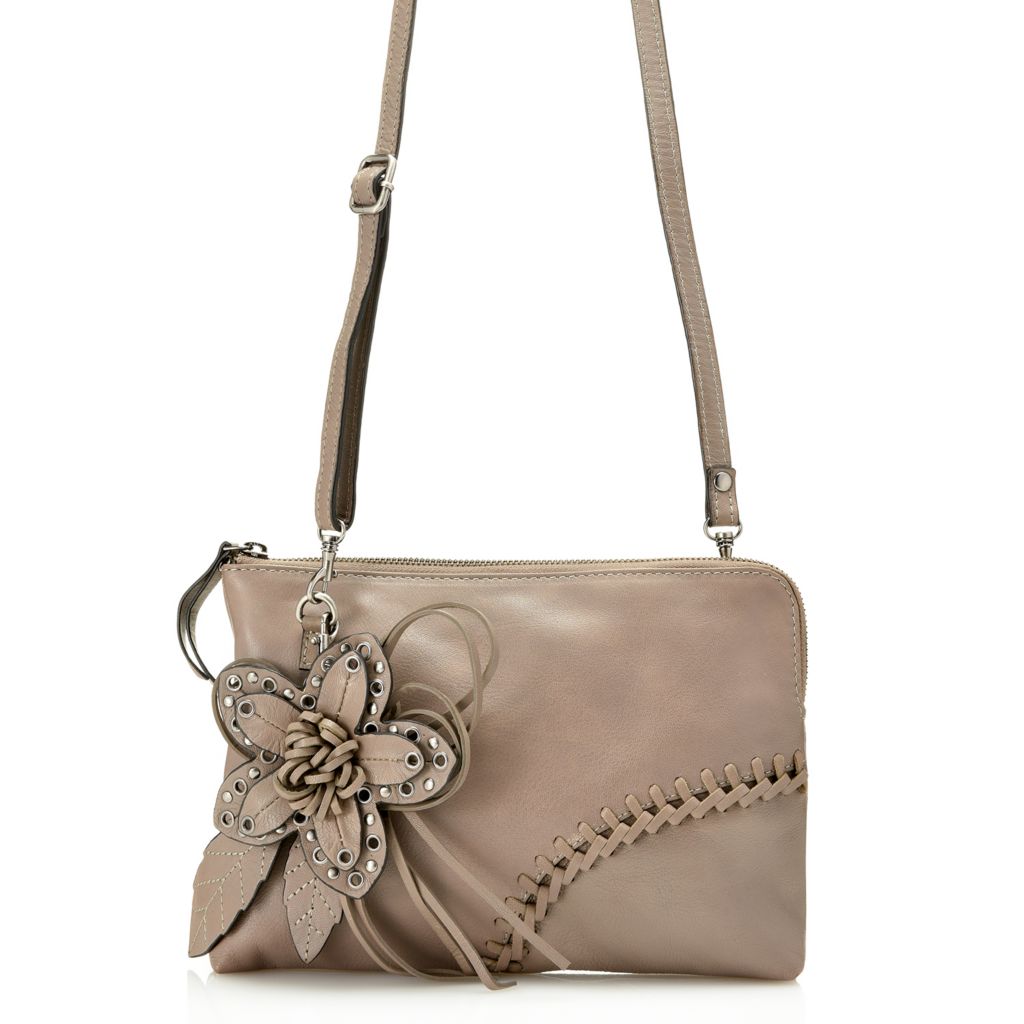734-808- Firenze Bella "Eliza" Leather Whipstitched & Flower Detailed Clutch w/ Strap
