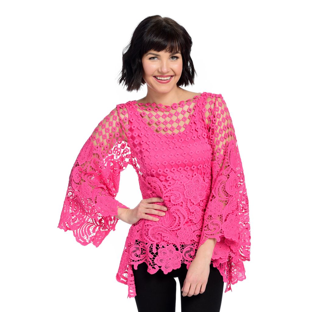 735-572- Marc Bouwer Crochet Lace Long Sleeve Sharkbite Top w/ Removable Knit Tank