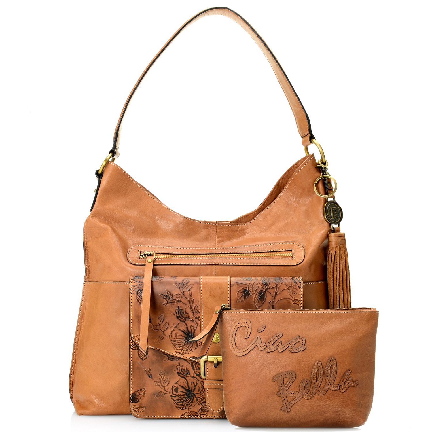 Firenze Bella "Rosa" Floral Tooled Leather Hobo Handbag w