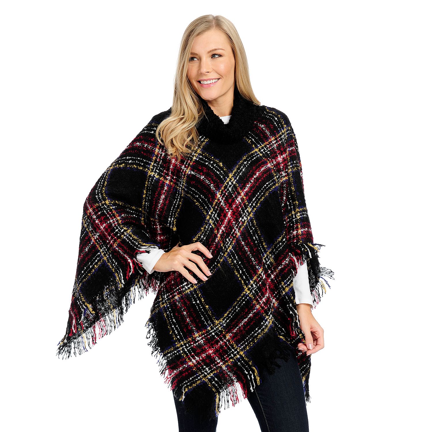 (ShopHQ) Harve Benard Knit & Woven Boucle Plaid Cowl Neck Poncho ...