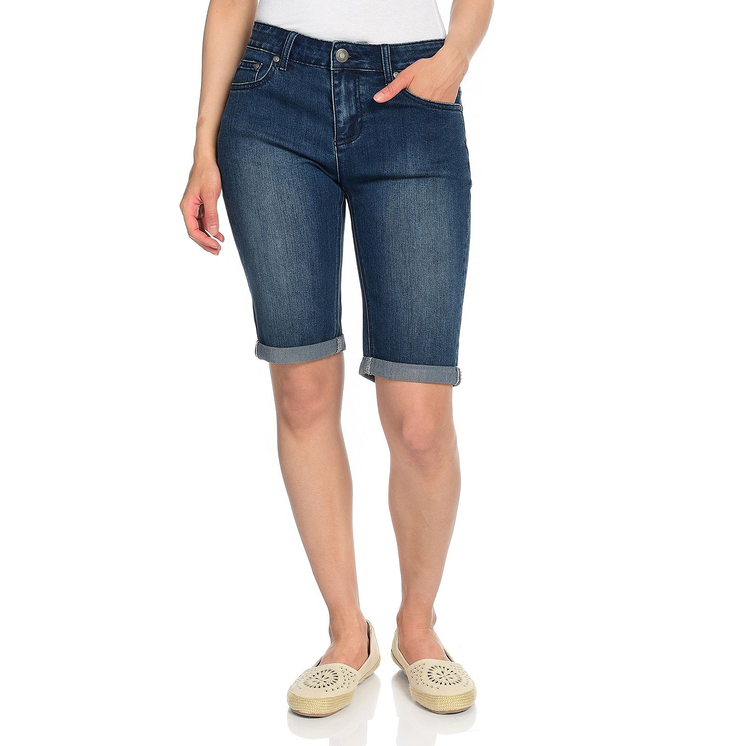 (ShopHQ) OSO Casuals® Denim 5-Pocket Rolled Cuff Bermuda Shorts ...
