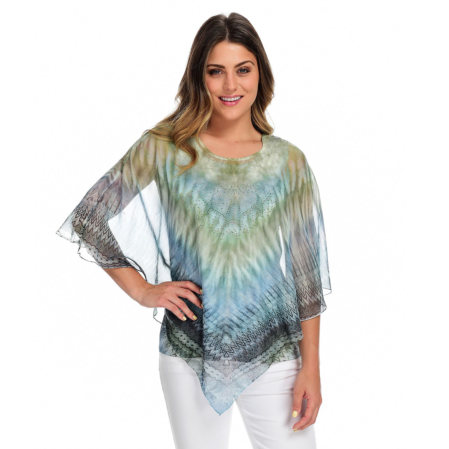 (shophq) Day Break Deal – One World Printed Chiffon Pointed Hem Poncho 