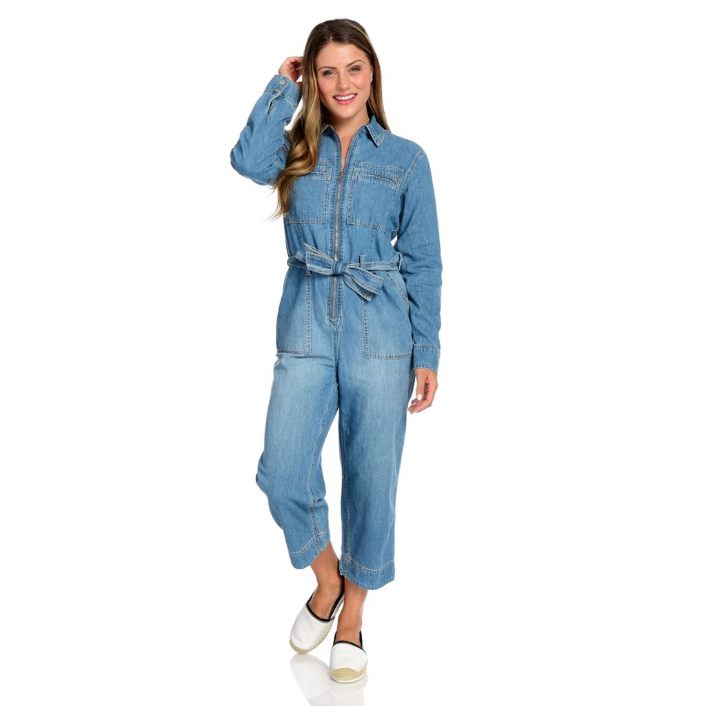zip front denim overalls