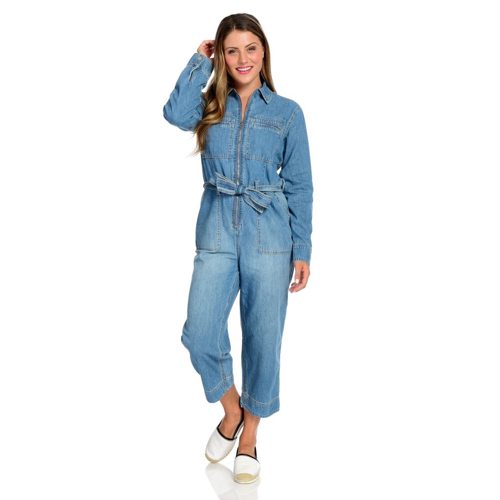 tie waist denim jumpsuit