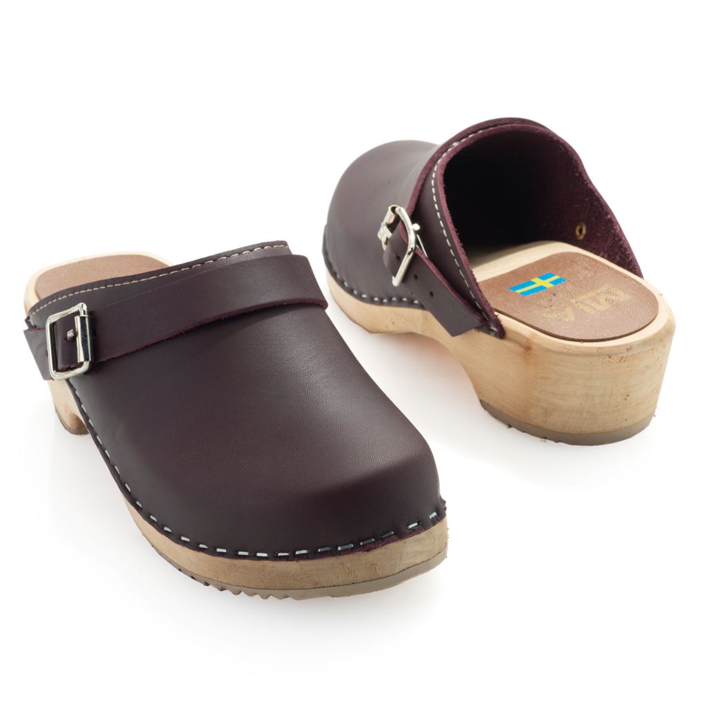 wooden leather clogs