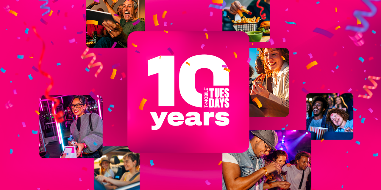 A vibrant magenta graphic celebrates the 10th anniversary of T-Mobile Tuesdays. A large central badge reads “10 years” surrounded by colorful confetti and lifestyle images showing people enjoying entertainment, dining, travel, and social experiences. The festive collage highlights a decade of customer rewards and member benefits.