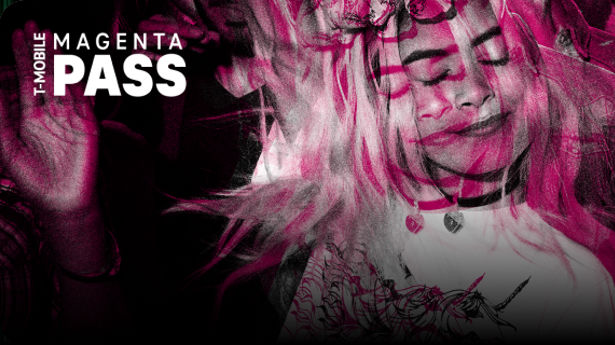 Woman with eyes closed dancing at an event, with a Magenta outline