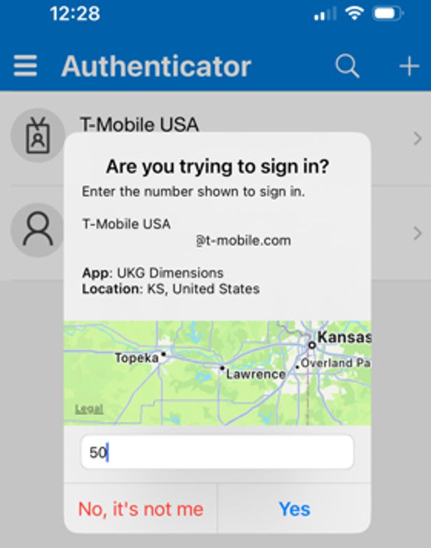 Microsoft Authenticator screen where you enter code