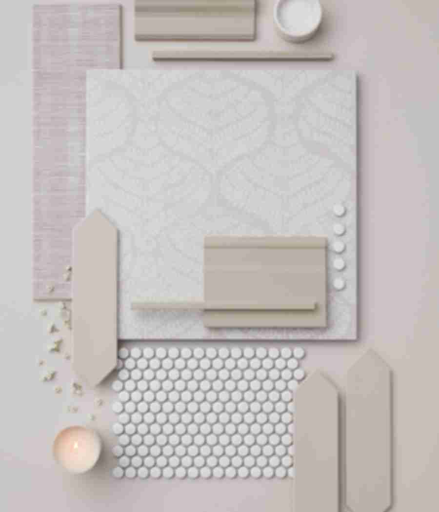 Neutral palette mood board of ceramic and porcelain wall and floor tiles in various shapes and sizes