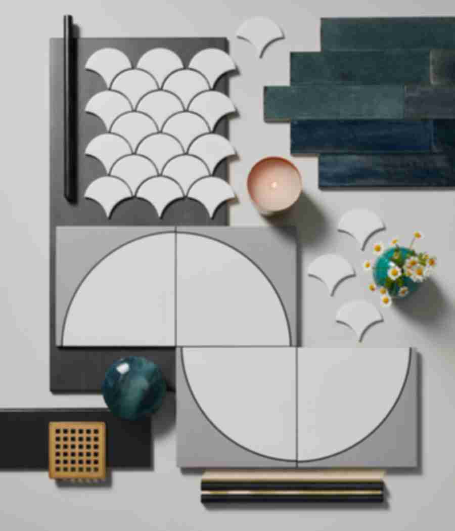 Cool-toned palette mood board of ceramic and porcelain wall and floor tiles in various shapes and sizes