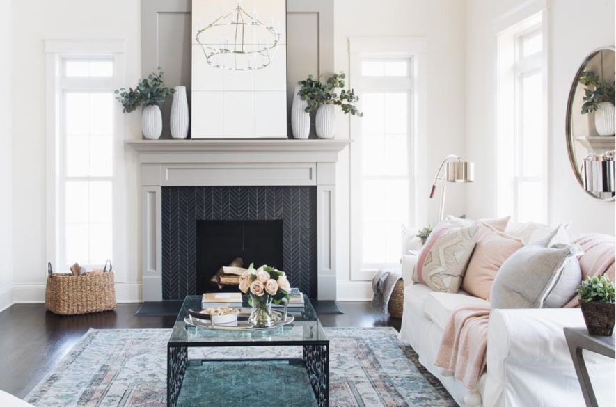 Black chevron tile fireplace.