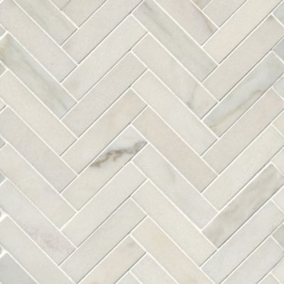 Calacata Evora Honed Large Herringbone Marble Mosaic Wall and Floor