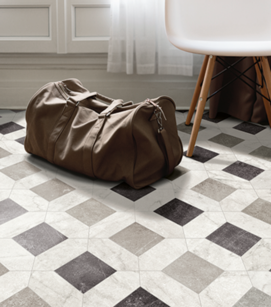 Black, white and grey square porcelain tile floor.
