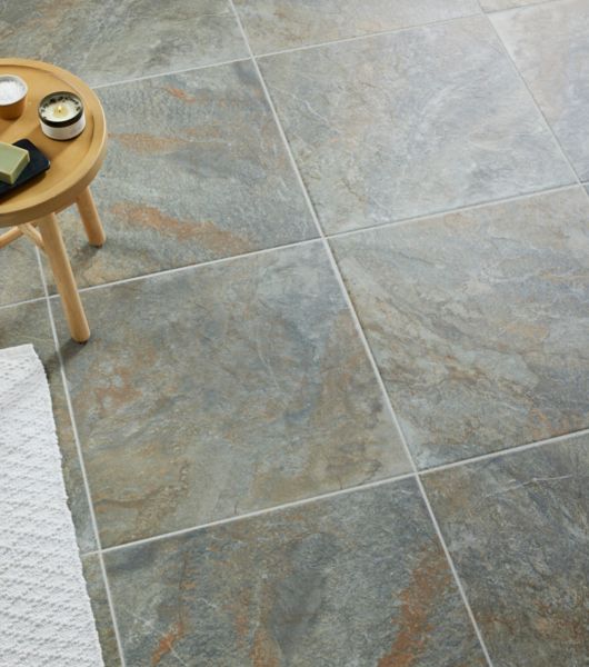 Large-format stone-look ceramic square-shaped ceramic tile.