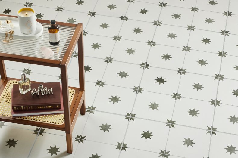 A white square floor tile with black star patterns. 