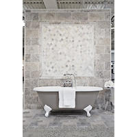 Thumbnail image of Bathroom area with grey and beige travertine and a deco framed mosaic in polished carrara marble.