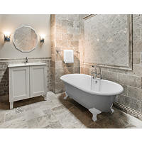 Thumbnail image of Bathroom area with grey and beige travertine and a deco framed mosaic in polished carrara marble.