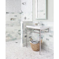 Thumbnail image of Bathroom area with Green tones and natural neutral tones of marble tile. Mosaic floor and walls in different patterns amongst rectangular subway tiles and matching profiles gives space a rich look.