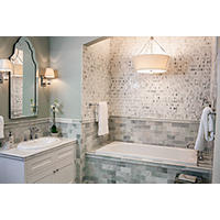Thumbnail image of Bathroom area with Green tones and natural neutral tones of marble tile. Walls in different patterns amongst rectangular subway tiles and matching profiles gives space a rich look.