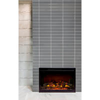 Thumbnail image of Fireplace with tile feature wall and mosaic accent next to textured glass subway tile.
