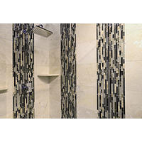 Thumbnail image of Shower area with large wall tile interrupted with random mosaic Austria patterned glass marble blend running vertically corner shelf in South dish in coordinating stone fixture and faucet are of polished Chrome.