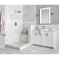 Thumbnail image of Bathroom area with natural marble walls and profiles using a mosaic accent and porcelain floor tile in a staggered layout.  The shower floor and and bench are also natural marble.