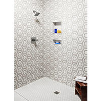 Thumbnail image of Walk in shower stall with hexagon pattern tile on the wall and white and taupe recess dishes are tiled with one inch hexagon in back and trimmed in white pencil tile shower pan is a 2 inch white hexagon main shower floor is a textured white tile.