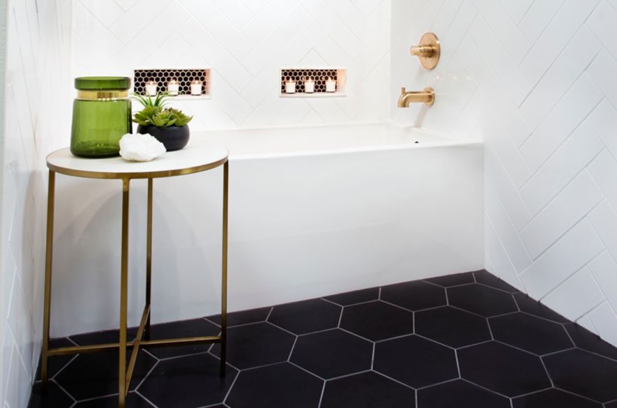 black hexagon floor tiles.