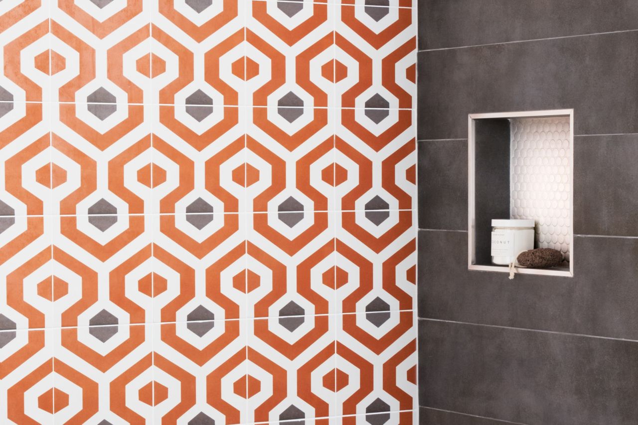 Bathroom area with artisan tile in a bold colorful geometric pattern coupled with a large profile segment look dark Gray tile accented by recess snitch with white penny rounds silver square trim and a floor and a wood look tile.  