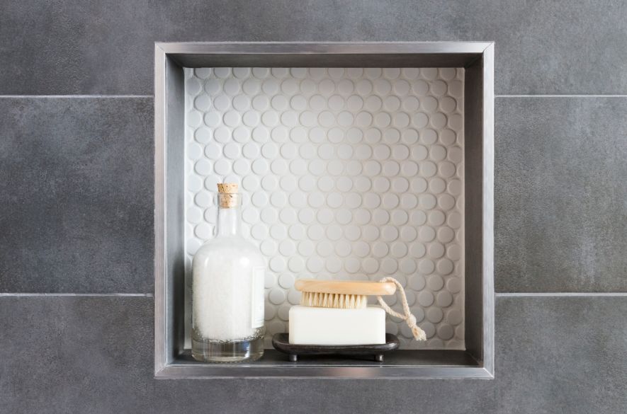 bathroom grey tiles and white hexagon tiles. 