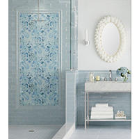 Thumbnail image of Bathroom area and shower tiled in blue natural edged subway tile with a 2 inch by two inch shower floor a similar tone tile as bathroom floor and matching profile pieces used in both shower and wainscoting a Paisley decorative frame is the focal piece of the shower vanity is metal frame with trough like sink Chrome hardware shower curb is done in natural marble with coordinating skirting pieces whites Blues greys and turquoise is the color pallet.